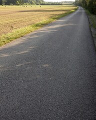 Winding country road through fields with hay bales in summer