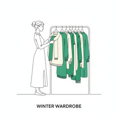Adult female person thoughtfully choosing winter wardrobe clothing from stylish rack. Her focused expression shows anticipation for creating cozy and elegant new season garment collection