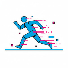 Vibrant blue human figure races forward with incredible speed, conveying determination and rapid progress. Dynamic pink and blue digital pixels emphasize fast paced motion and technological