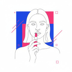 Young woman applying vibrant red lipstick with confident expression, performing her daily makeup routine. Minimalist illustration features modern geometric background, showcasing beauty concept