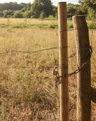 Padlock securing gate on a barbed wire fence protecting a field