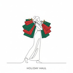 Happy woman enjoys successful holiday shopping trip, carrying many gift bags. Her festive haul suggests celebration and generosity during winter season. This delightful line art illustration