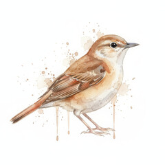 Small brown bird, watercolor illustration, painting art, natural wildlife animal. Avian creature stands gracefully, radiating peaceful, serene, and observant demeanor on clean background