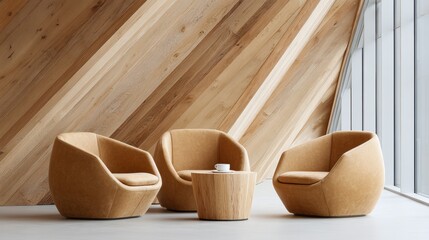 Fototapeta premium Modern Interior Design: Wood Wall, Armchairs Stock Photo