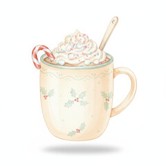 Delightful hot chocolate beverage festive mug, generously topped with fluffy whipped cream and cheerful candy cane. Such sweet drink, ideal for winter and Christmas holidays, evokes feeling