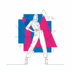 Confident woman in elegant fashion, depicted through minimalist line art illustration. She exudes stylish and sophisticated presence against an abstract geometric background