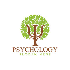 Obraz premium Psychology logo featuring the greek letter psi integrated into a growing tree with vibrant green leaves, isolated on white background
