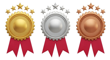 Gold Silver and Bronze Medals with Red Ribbons and Stars