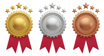Gold Silver and Bronze Medals with Red Ribbons and Stars