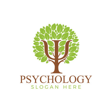 Psychology logo featuring the greek letter psi integrated into a growing tree with vibrant green leaves, isolated on white background