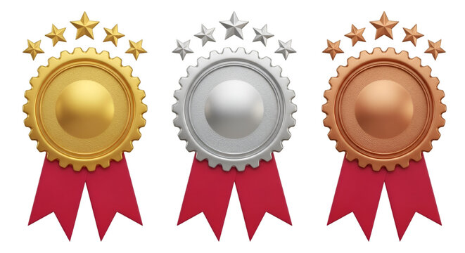 Gold Silver and Bronze Medals with Red Ribbons and Stars