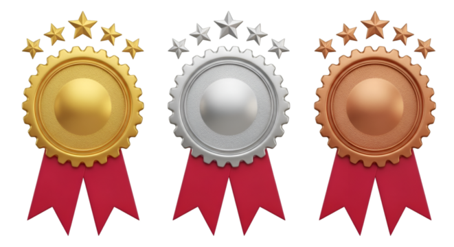 Gold Silver and Bronze Medals with Red Ribbons and Stars