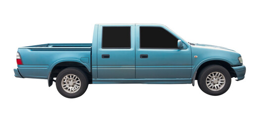 Right side view of clean light blue pickup truck isolated with clipping path in png file format