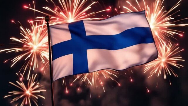 Finland celebrates with vibrant fireworks display and national flag waving in the night, perfect for national pride and patriotic themes - Powered by Adobe