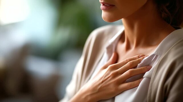 Woman's hand on chest showing shortness of breath face partially visible respiratory distress breathing difficulty asthma symptoms anxiety attack panic disorder
