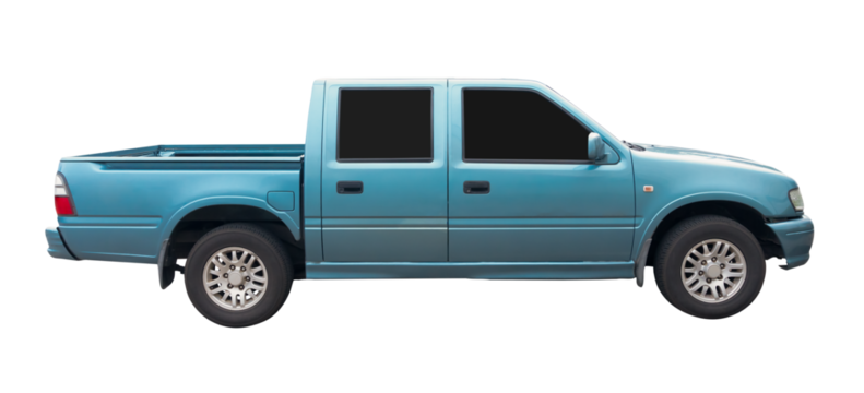 Right side view of clean light blue pickup truck isolated with clipping path in png file format