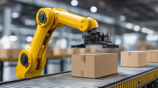 Yellow robotic arm with gripper picks cardboard boxes on conveyor belt (industrial robotics)