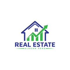 Modern real estate logo design featuring a house outline combined with a rising bar chart and upward arrow, symbolizing growth and investment, isolated on white background
