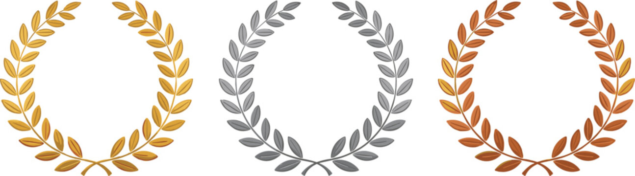 Three Laurel Wreaths Gold Silver Bronze Isolated White Background award