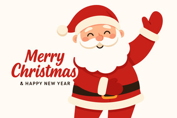 Cheerful Santa waving hello, wishing everyone Merry Christmas and Happy New Year festive holiday season greetings card