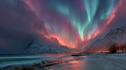 Fototapeta premium Vivid aurora borealis dancing above snow-capped mountains, reflecting on a wet beach