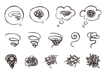 ぐるぐる、モヤモヤのマーク。不安、悩み、困惑などのネガティブな感情のアイコン。ベクターイラスト素材。