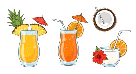 Tropical Summer Cocktails and Drinks Collection with Pineapple, Orange, and Coconut.