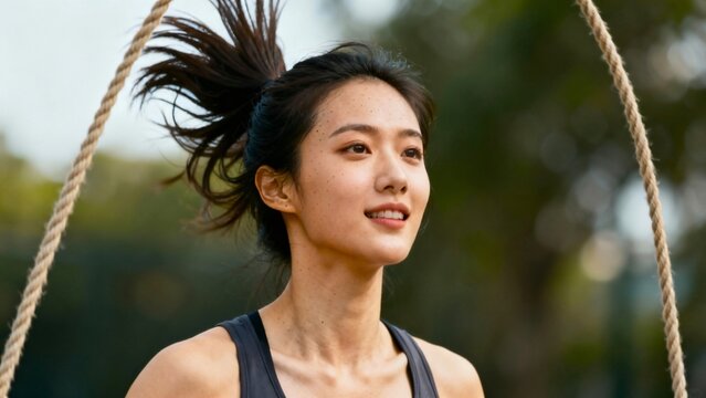 Physical education. A young woman jumps rope in her yard. A teenager is enjoying his favorite outdoor activity. School holidays.