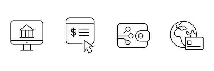 Computer banking, payment click, digital wallet, global card icon vector illustration for financial transfer commercial use.