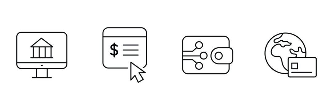 Computer banking, payment click, digital wallet, global card icon vector illustration for financial transfer commercial use.