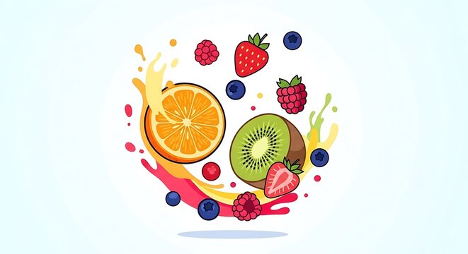 Vibrant Splash of Fresh Fruits and Juice.