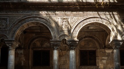 Intricate archways and columns bathed in sunlight create a timeless scene