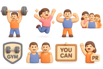 Cute 3d fitness characters with gym and motivational concepts