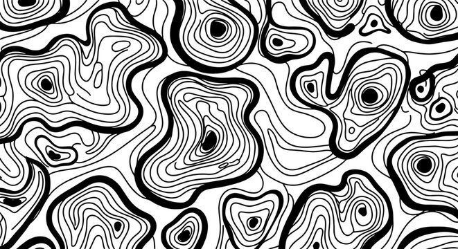 Abstract Topographic Map Lines Background Displaying Contours and Elevations, Creating a Monochromatic Maze-like Pattern Suitable for Geography, Cartography, Science, and Technology Presentations, and