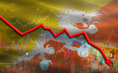 Bhutan financial fall on economy market. Bhutanese financial crisis on economic graph