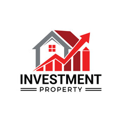Investment property logo design with a house silhouette, rising bar chart, and upward arrow indicating growth isolated on white background