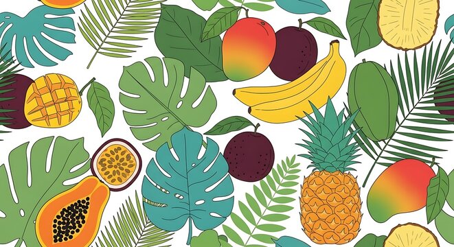 Tropical fruit pattern with mangoes, bananas, pineapples, and passion fruit. - Powered by Adobe