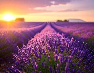 Fototapeta premium Lavender field in bloom at sunset creates a romantic rural landscape.