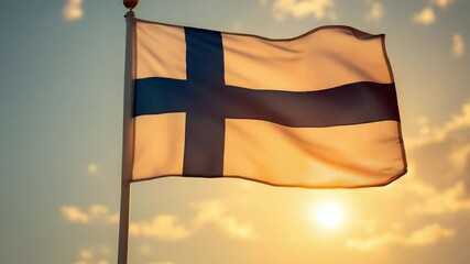 Finland flag waving proudly against a golden sunset sky, a symbol of national pride and independence day celebrations under a bright sun