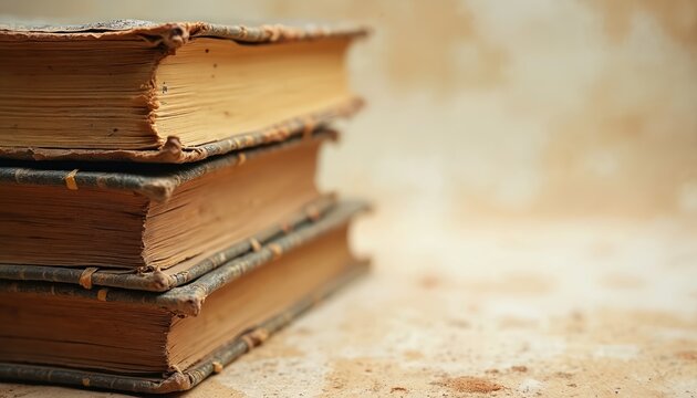 Stack of old worn books with yellowed pages and aged covers. These antique volumes sit on a textured surface. Knowledge from past eras rests here.