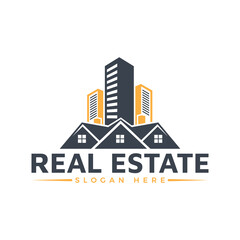 Real estate logo concept combining modern skyscraper silhouette with traditional house roofline, featuring dark blue and yellow accents on white background