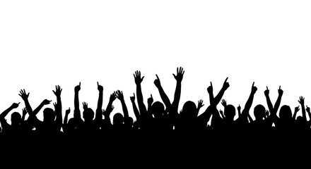 Silhouetted Crowd Cheering at Concert Festival Under White Sky, Celebrating Success, Raising Hands Up in Excitement, Entertainment Event, Gathering, Celebration, Party, Audience, Event, Black and Whit