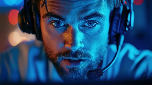 Focused gamer wearing headset in intense blue-lit environment