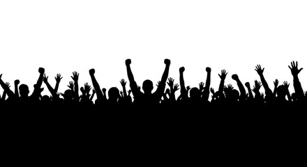 Enthusiastic Crowd Silhouette Celebrating Success at an Outdoor Event, Raising Arms in Joyful Unity at a Concert or Rally. Perfect for Illustrations of Public Gatherings, Demonstrations, Team Celebrat