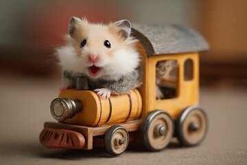 hamster riding inside the toy train