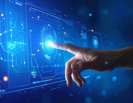 Hand interacting with a futuristic holographic digital interface desig