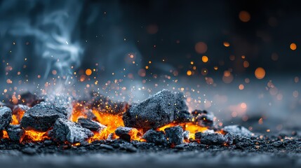 Burning Charcoal with Orange Embers and Smoke on Dark Background