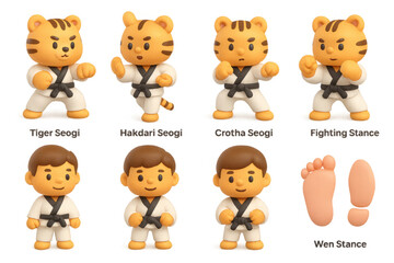 Cute cartoon martial artists in various karate poses with tiger costumes