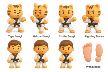 Cute cartoon martial artists in various karate poses with tiger costumes
