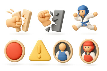 3d martial arts icon set with karate moves and taekwondo fighters